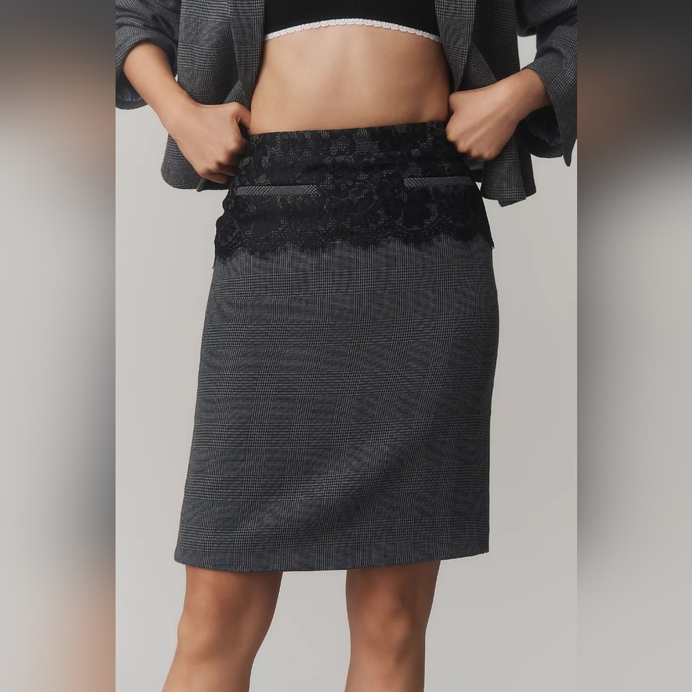 Anthropologie Maeve Lace Trim Plaid Pencil Skirt NWT Gray Black Size Large